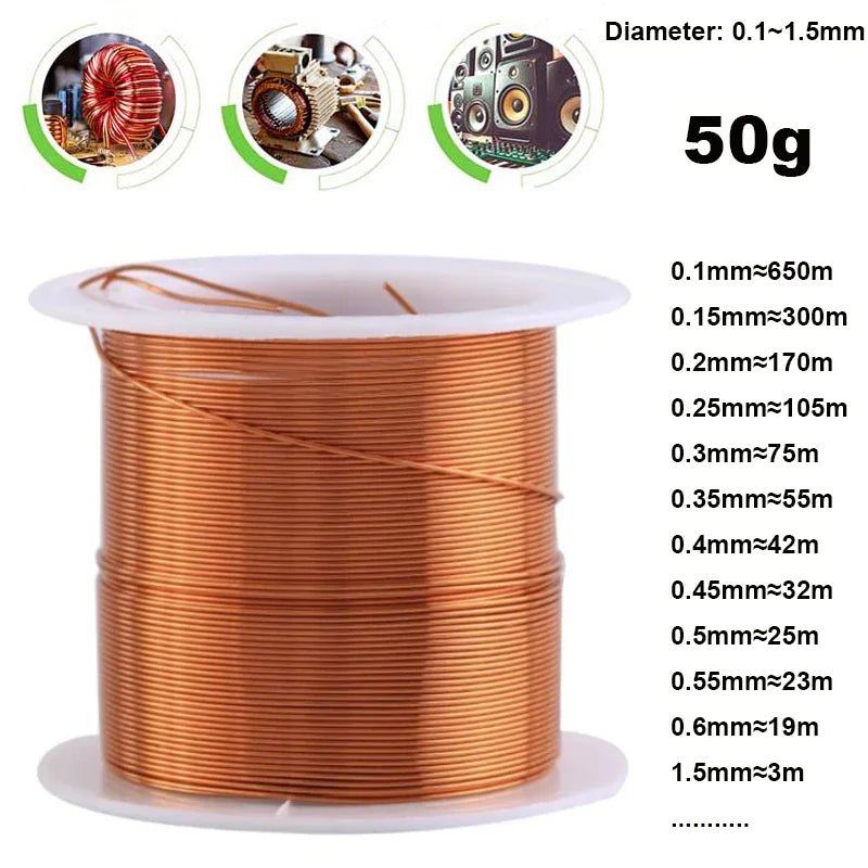 S330ff6f93dc842f1a0ad3b169d7349d6v Enameled Copper Magnet Winding Wire 0.1–1.5mm – 50g Roll (1–3 Rolls) - Image 1