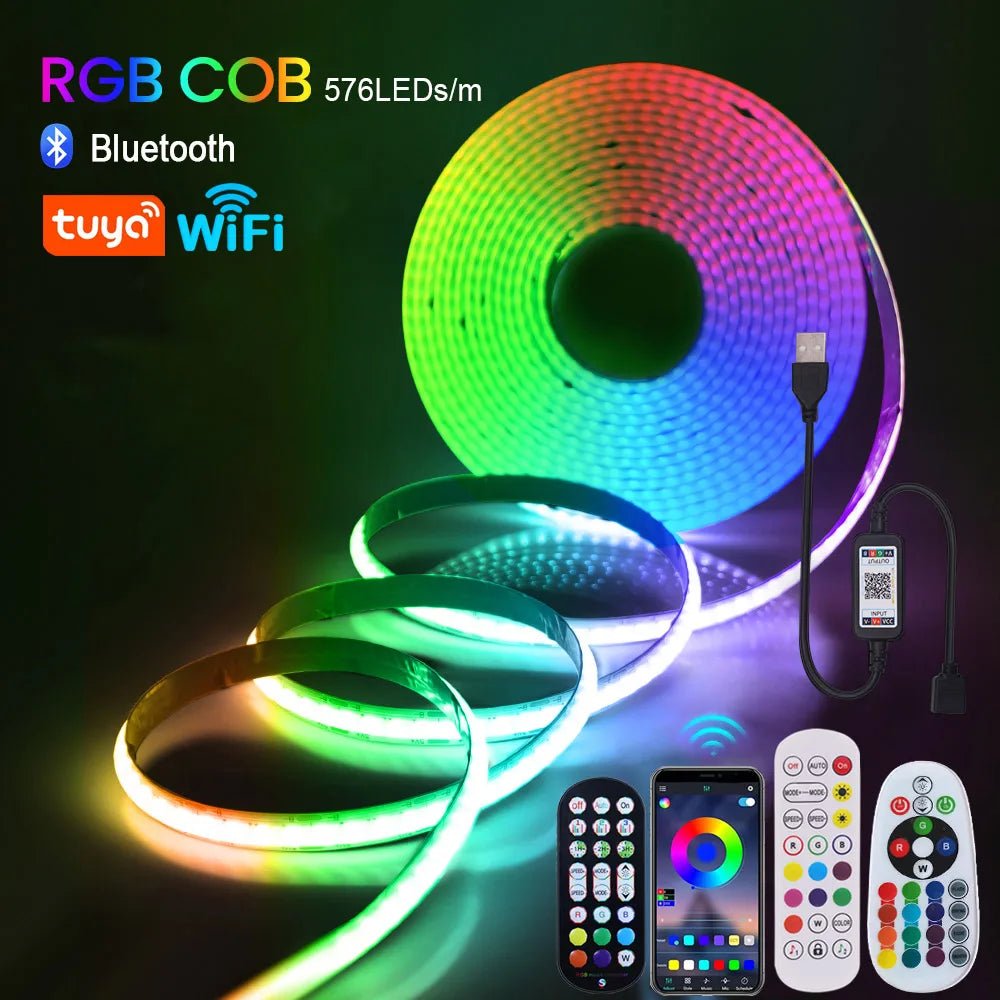 S6ed71599fadf4f5785771411d39f68a6d WiFi Bluetooth RGB COB LED Strip Light – 576 LEDs, 24/44 Key Remote, Flexible Tape Kit - Image 1