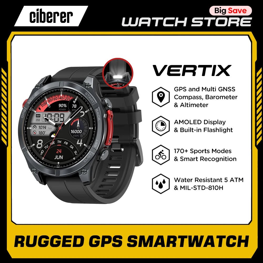 S8d13f48033794f5f886b48186b286cccw Ciberer Vertix Stratos 4 GPS Smart Watch – 1.43" AMOLED, Compass, Flashlight, 170+ Sports, 5ATM - Image 1
